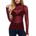 thumbnail image 2 of Women'S Ultra-Thin Mesh Elastic Tight Long Sleeve Half- Bottoming Shirt Sheer Tops Wine Red S, 2 of 6