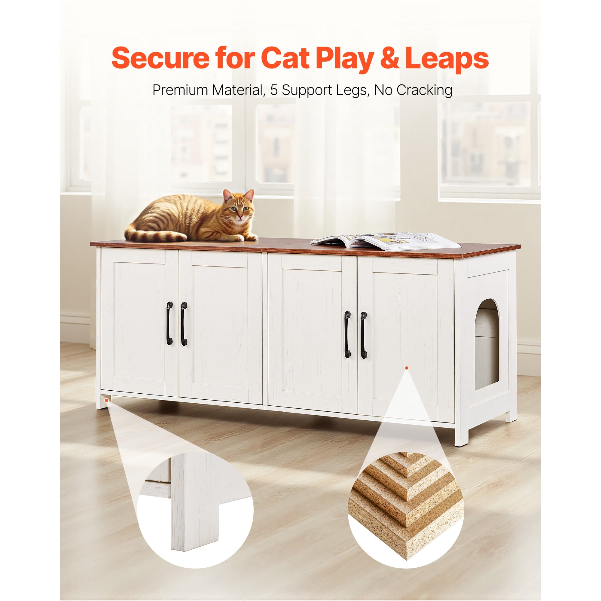 KFFKFF Cat Litter Box Enclosure for Multiple Cats, 47.2-inch Hidden Cabinet with Four Doors and Two Entry Points, Indoor Cat Washroom, Wooden Furniture for Cats, Compatible with Most Litter Boxes