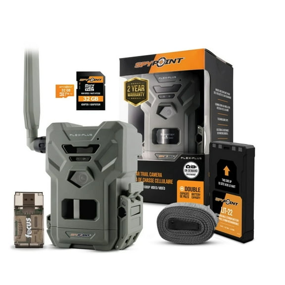 Spypoint Flex-Plus Cellular Trail Camera 36MP Photos 1080p Videos Dual-SIM LTE GPS Extended Battery Bundle with MicroSD 32GB and Card Reader (3 Items)