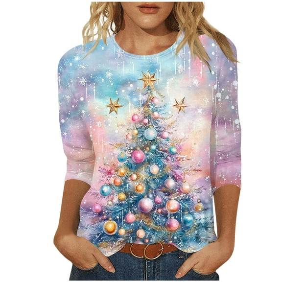 Turilly Women's Graphic Blouses Christmas Tree Printed 3/4 Sleeve Crewneck Pullover Fashionable Top