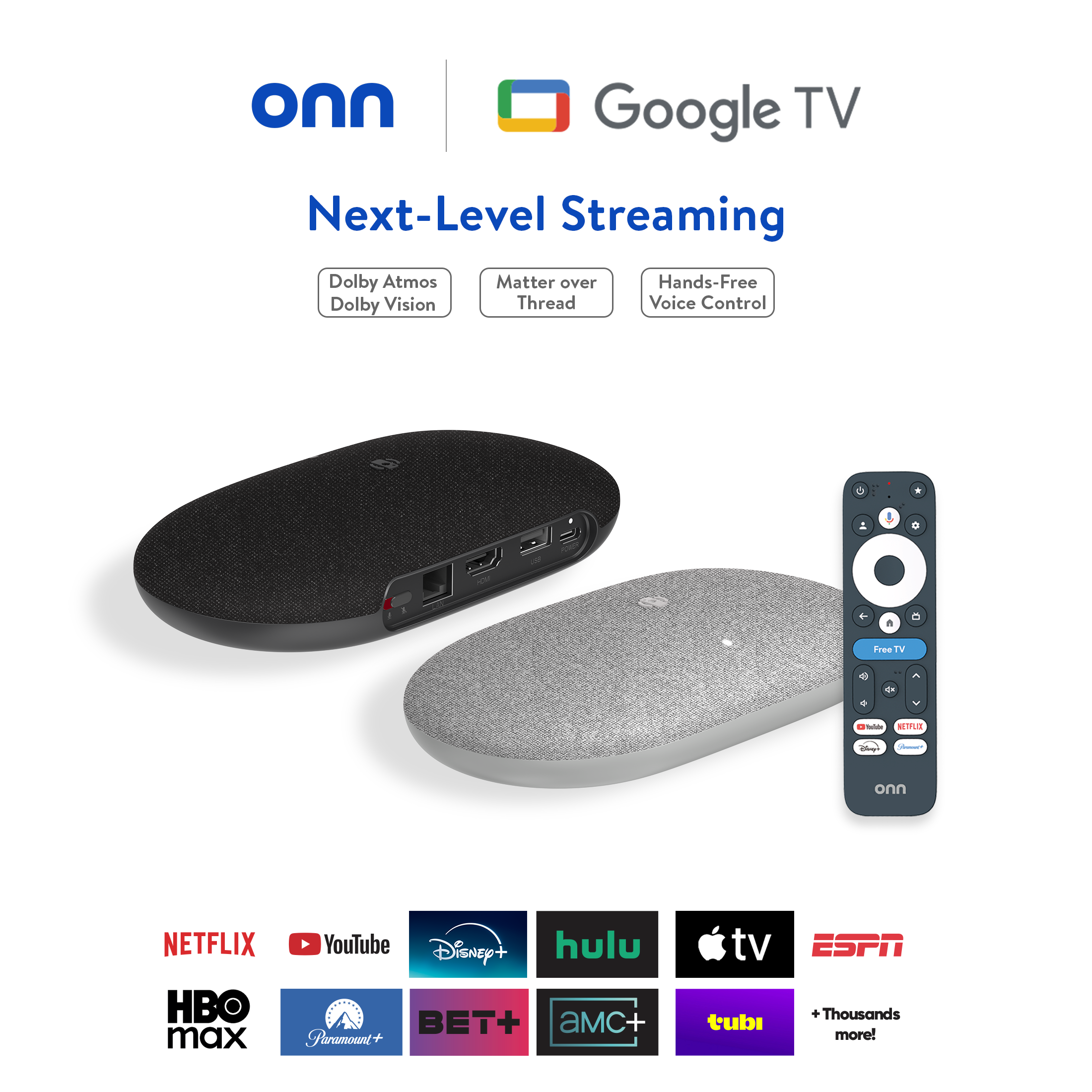 Dispositivo de transmisión onn 4K Pro, Google TV con Gemini (NUEVO modelo 2026) - Transmisión ultrarrápida, impresionante 4K UHD, almacenamiento de 32GB, RAM de 3GB, Dolby Vision y Atmos, control remoto con buscador y retroiluminación, puerto Ethernet 3