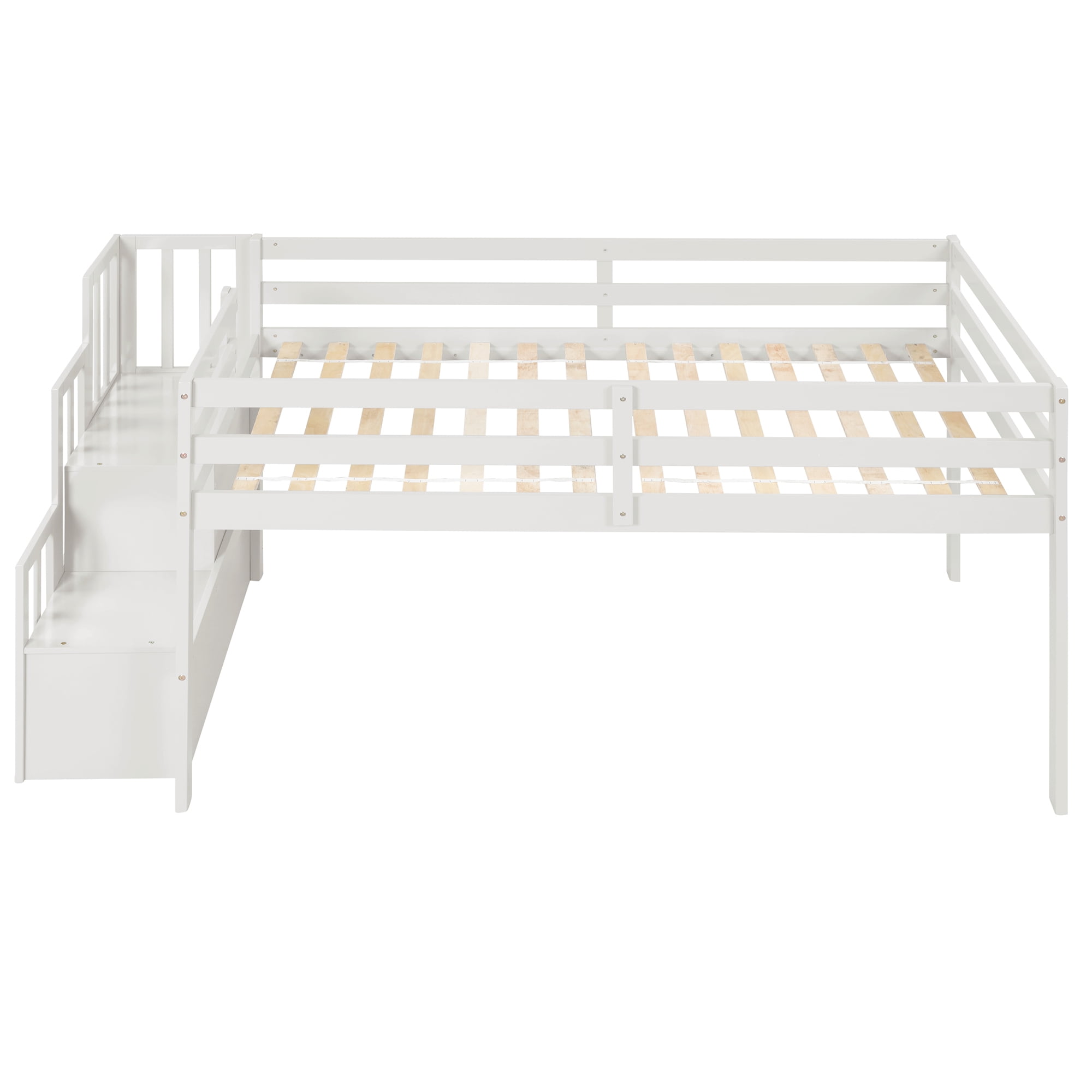 Gewnee Wood Twin Low Loft Bed with Storage Staircase and Safety Guardrails for Kids,White