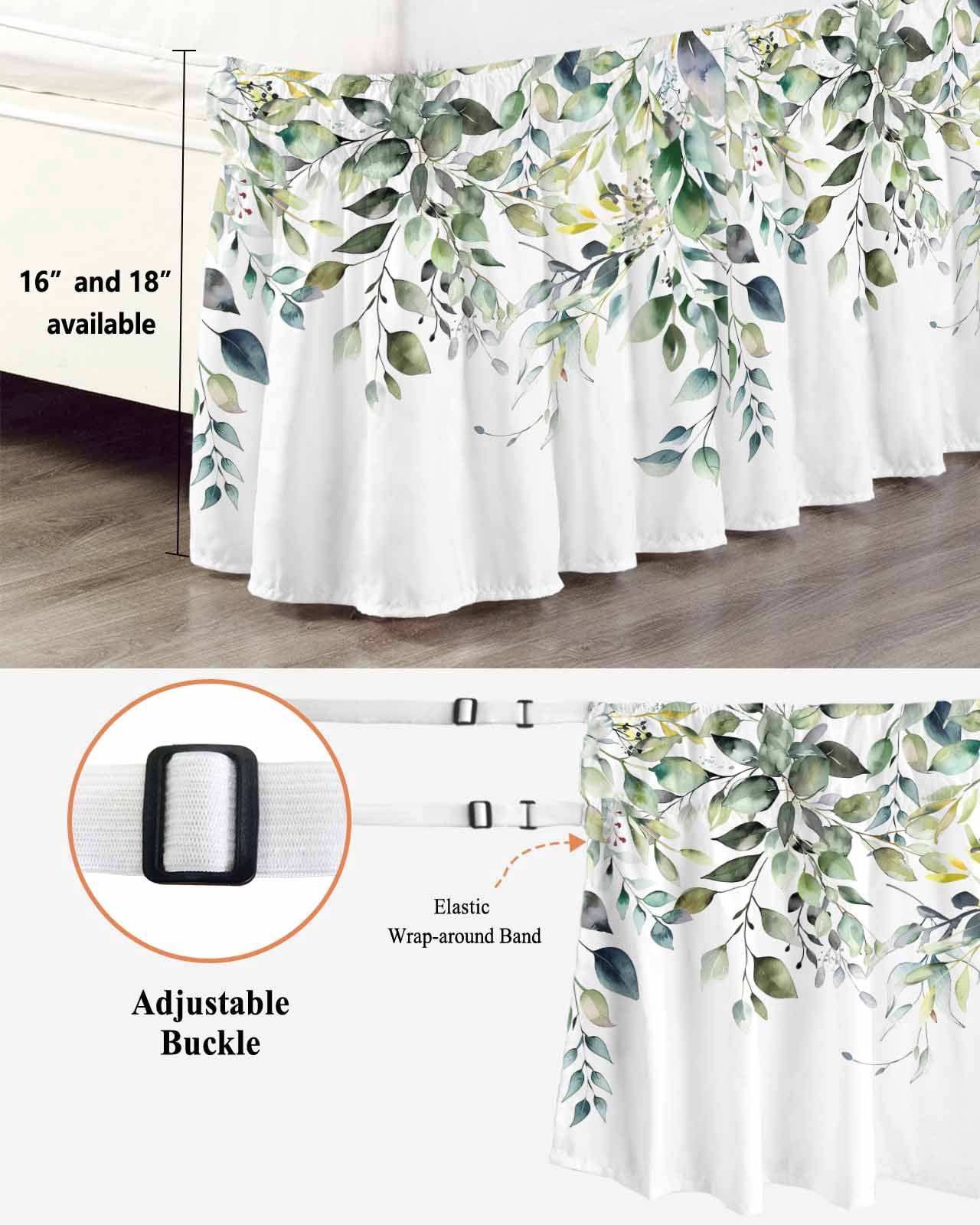 Pastoral Floral Plant Bed Skirt Sage Green Eucalyptus Leaves White Bed Skirts Queen Size 18 Inch Drop, Wrap Around Dust Ruffle&nbsp;Bedskirt with Adjustable Elastic Belt for Queen Size Beds