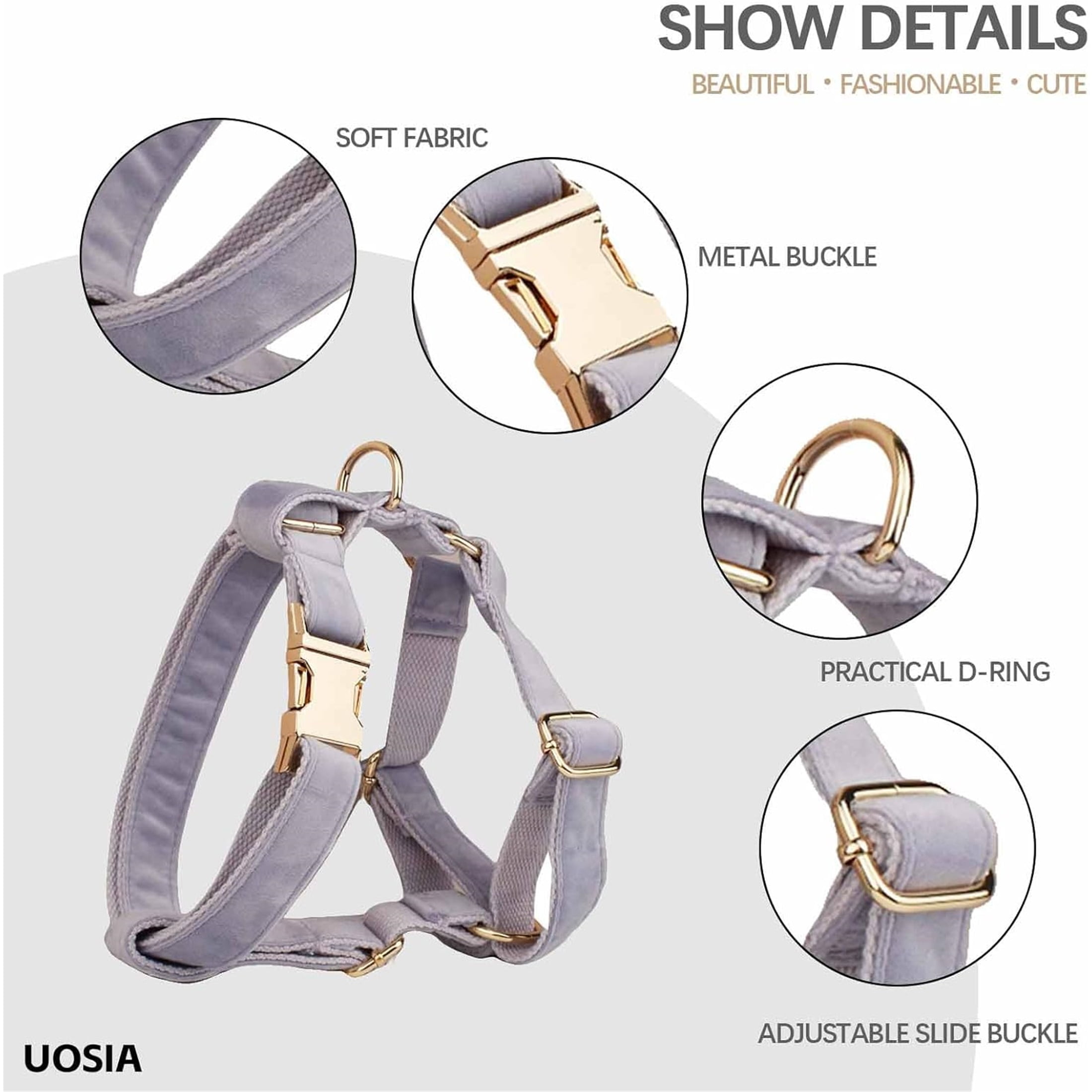 Collar & Leash Set with Metal Buckle No Pull Dog Harness,  Includes Flower，Bow & Poop Bag,Light Purple,S