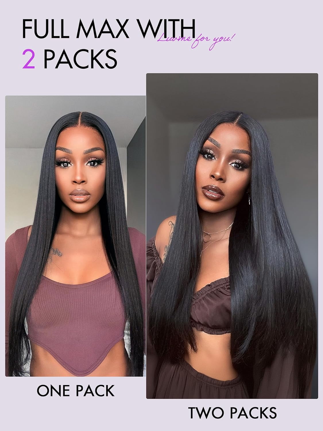 LUVME Clip in 14" Human Hair Extensions Full Max with 2 Pack Natural Black Seamless for Women