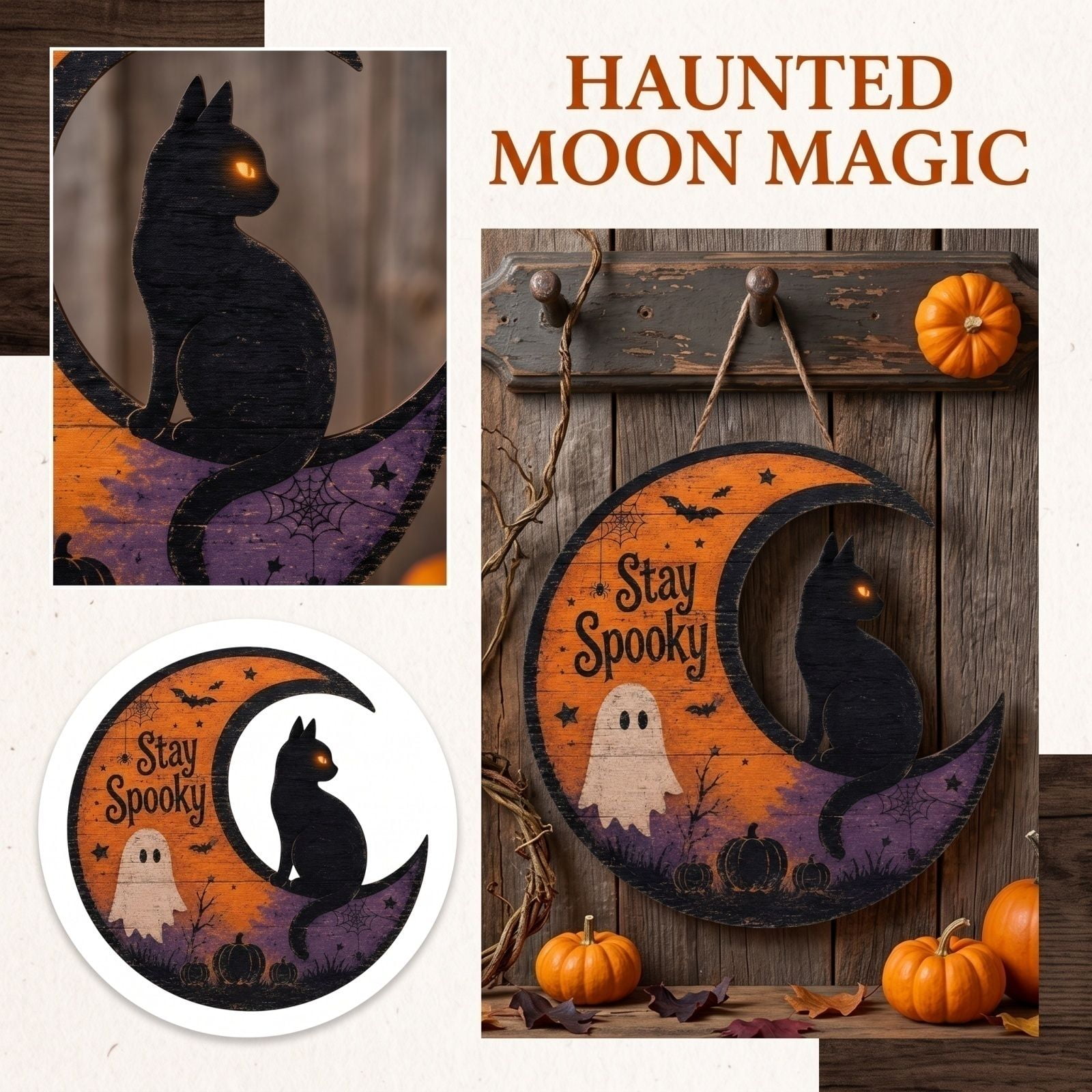 Halloween Wooden Hanging Decoration with Black Cat and Ghost Design Crescent Moon Wall Sign for Front Door Porch Window Spooky Home Decor
