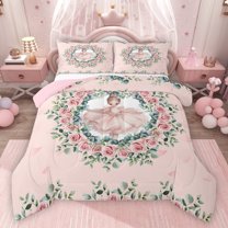 jejeloiu Ballet Princess Bedding Comforter Set,Cute Flower Floral Twin Comforter Sets,Pink Green Bedding Set For Girls Teens,Super Cozy Room Decor Reversible,2 Pieces