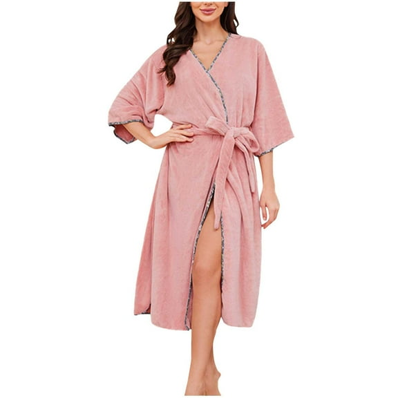 Htigea Women's Towel Robes Fleece Half Sleeve Kimono Bathrobe Quick Dry yet Warm Shower Wrap Robe Pink,S