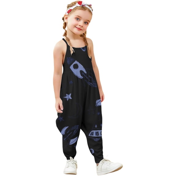 Gzbliryd Girls Floral Jumpsuit Wide Leg Loose Ruffle Sleeve Girl's One-Piece Suit for Girls Casual Overalls with Pockets (Black,3-4 Years)