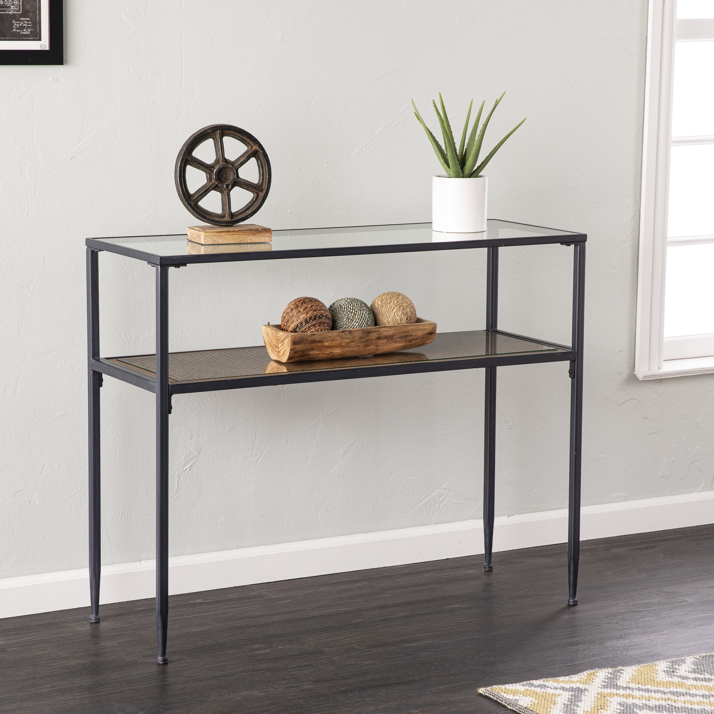 SEI Bladestney Transitional style Glass-Top Console Table in Black and ...