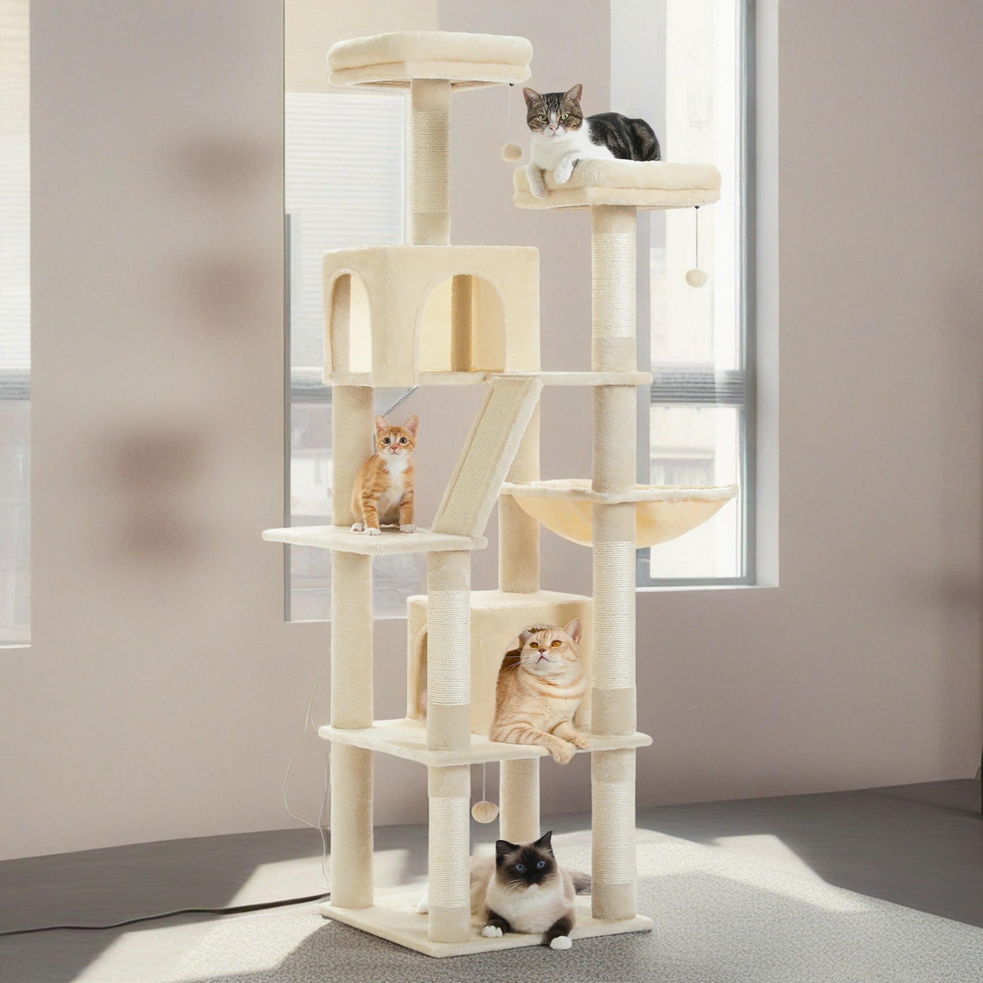 Kadyn 70" Large Cat Tree for Indoor Cats, Multi-Level Cat Tower Cat Scratching Post with 2 Perches, 2 Condos, Hammock and 2 Pompoms, Beige