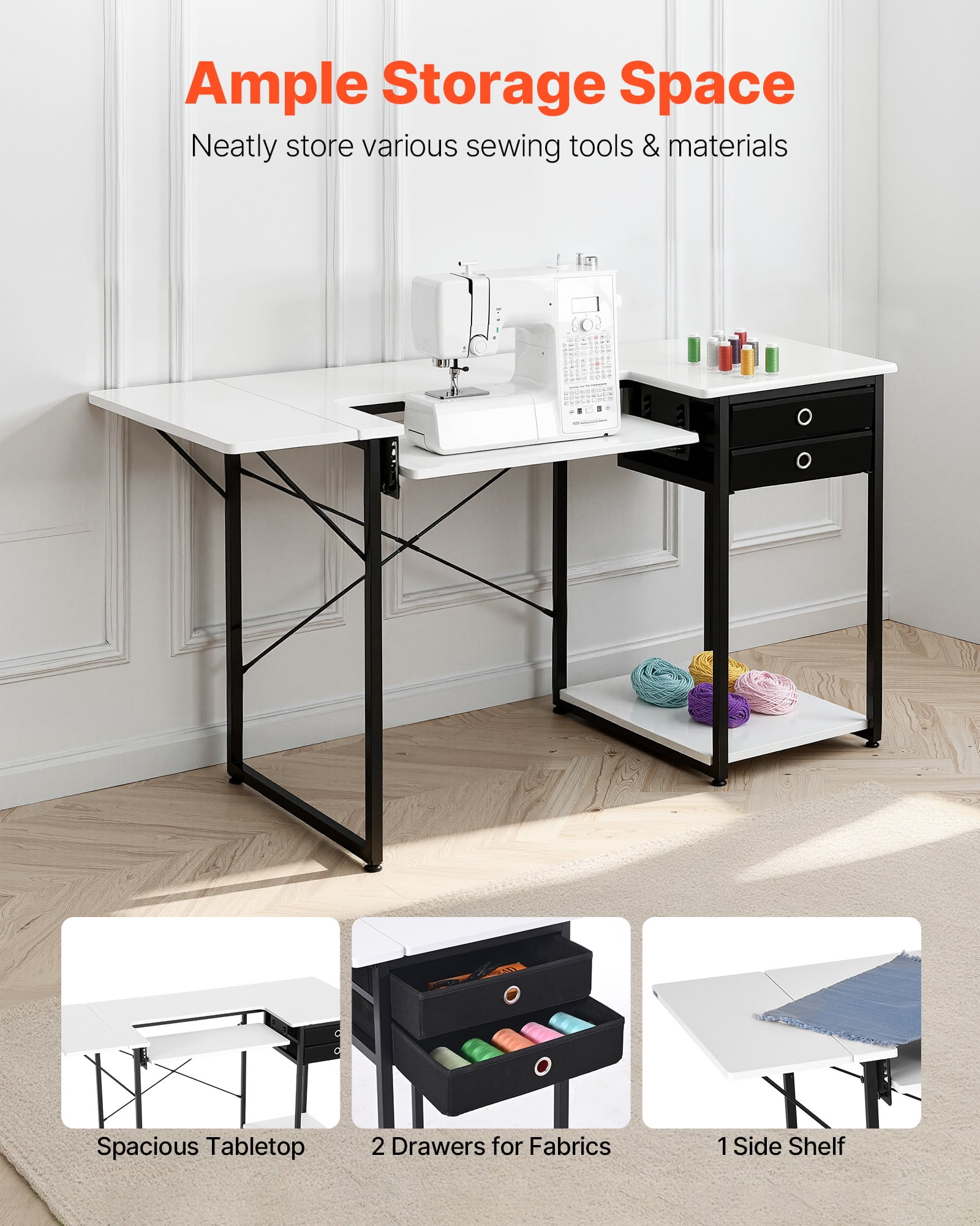VEVOR Sewing Table, Multipurpose Sewing Machine Table with Drawers, Foldable Side Shelf, Adjustable Shelf, Steel Legs, Computer Desk for Home, Fashion Studio, Art Studio, Educational Institution