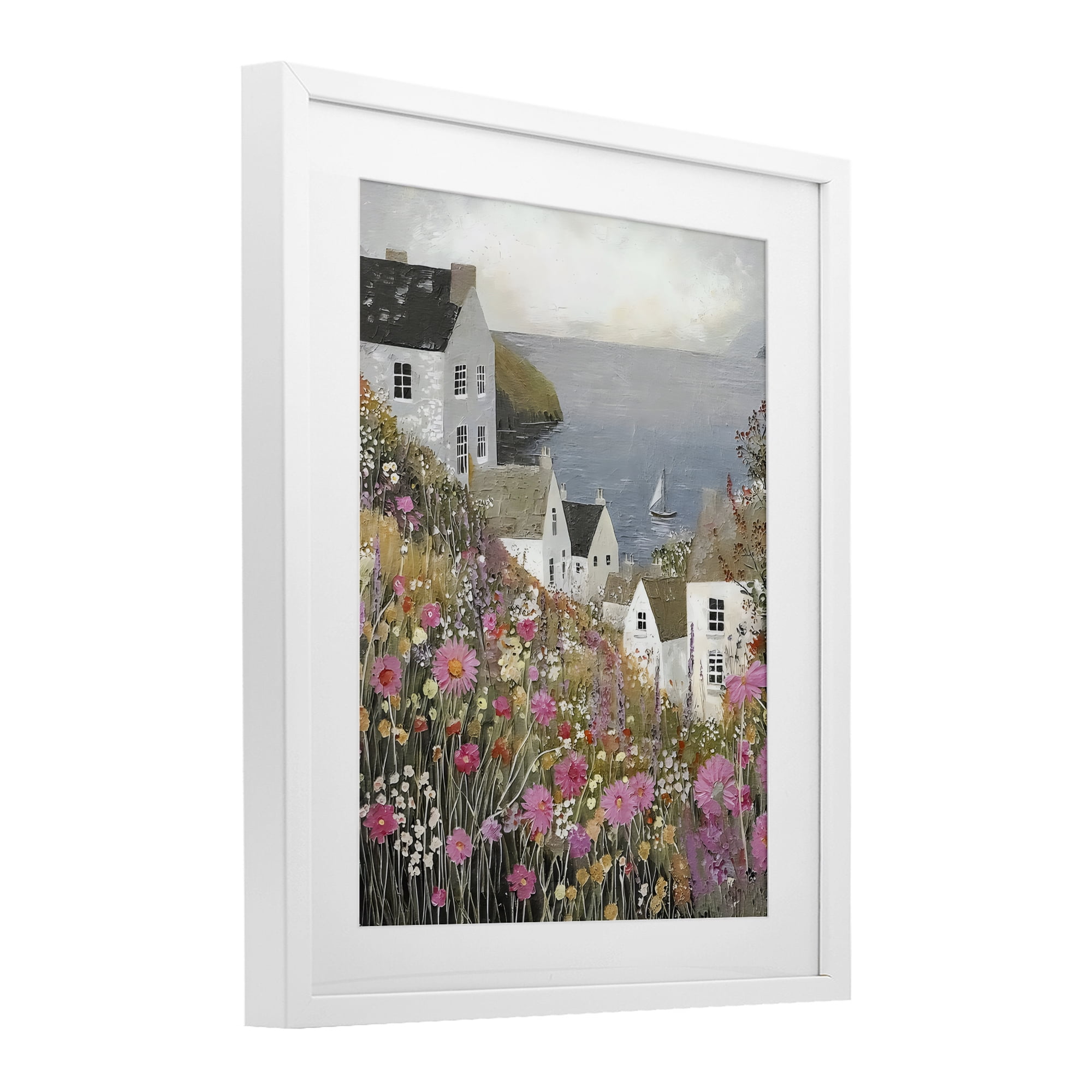 Stupell Industries Picturesque Village over Sea White Framed Print Under Glass, design by Riley B