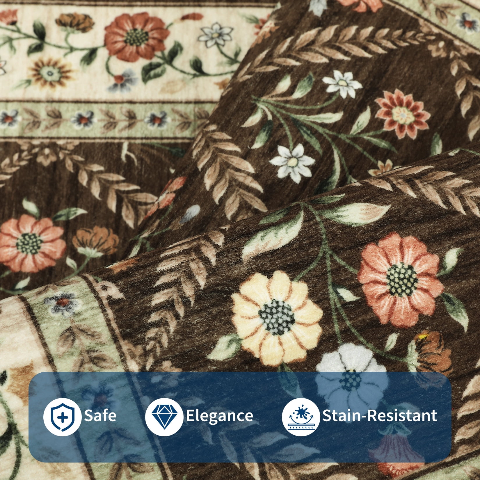 Senfot 9x12 Floral Print Area Rug Machine Washable Non-Slip Stain Resistant Low Pile Bordered Farmhouse Rug for Living Room Bedroom Home Office Brown