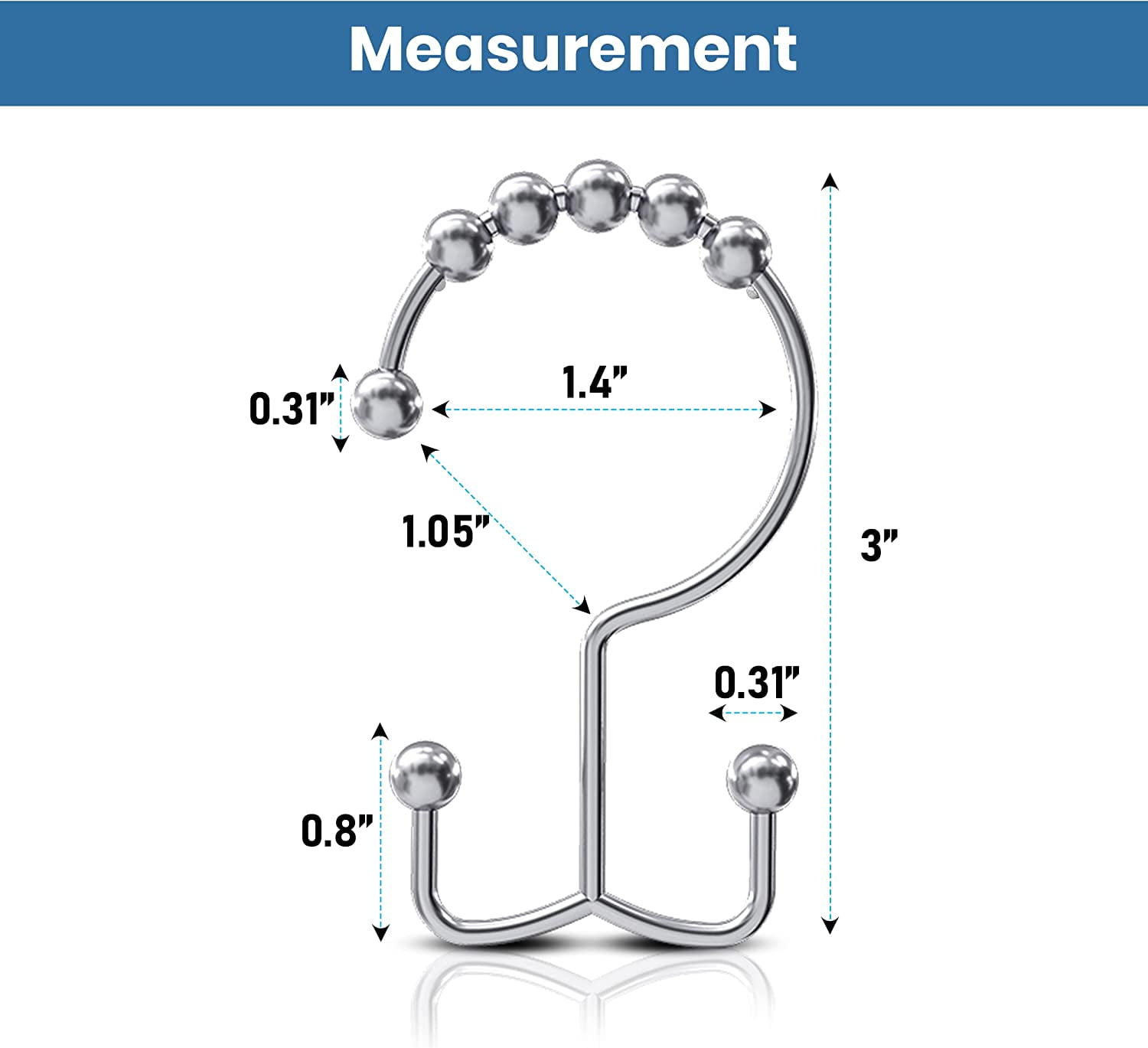 Double Glide Roller Shower Curtain Hooks, Double Sided Rings, Rust Proof Shower Curtain Hooks, Chrome