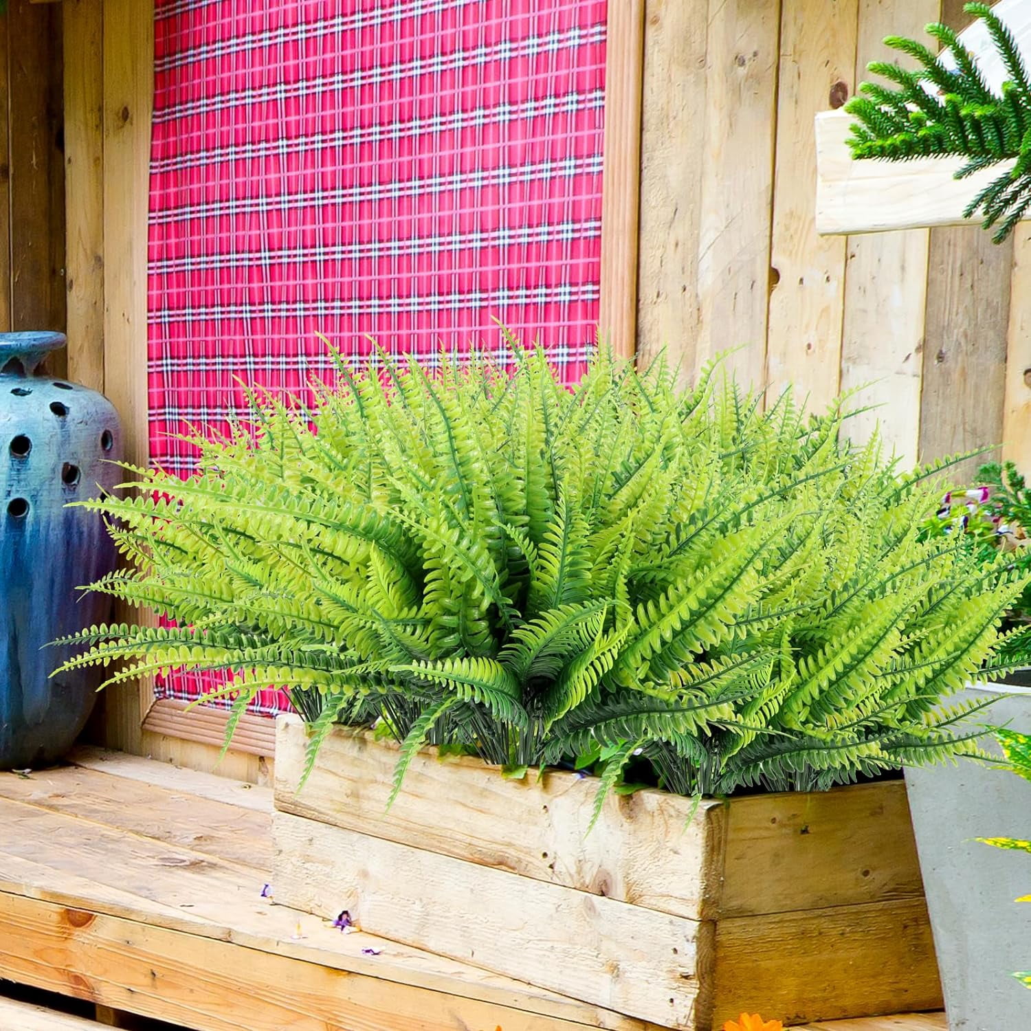 Artificial Ferns for Outdoors Fake Boston Fern Greenery Plants UV Resistant No Fade Faux Plastic Plants Shrubs for Garden Front Porch Window Box Outdoor Decoration