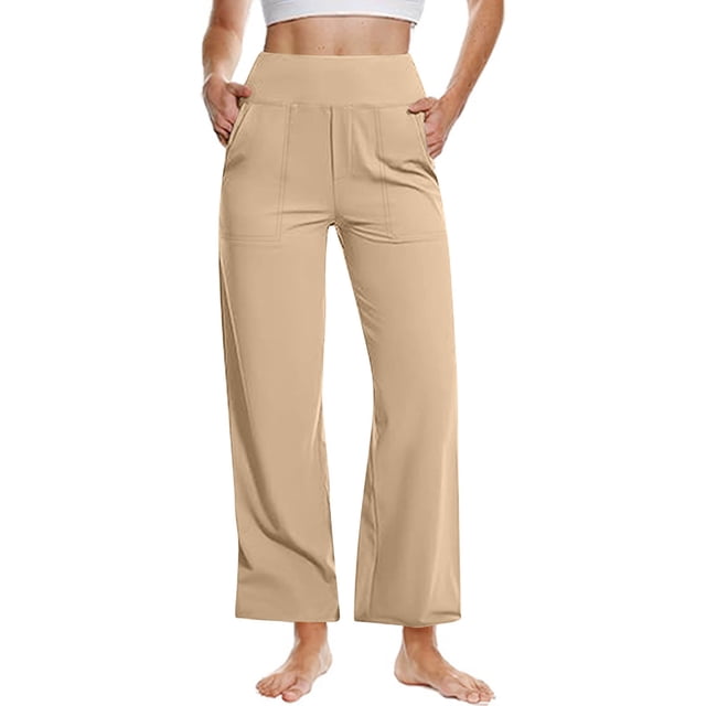yoeyez Women Elastic Waist Drawstring Trousers Wide Leg Hem Button Pants Beach Palazzo Harem Pants with Big Pockets Cotton Linen Pants for Women Limited Time Deals Khaki,XL