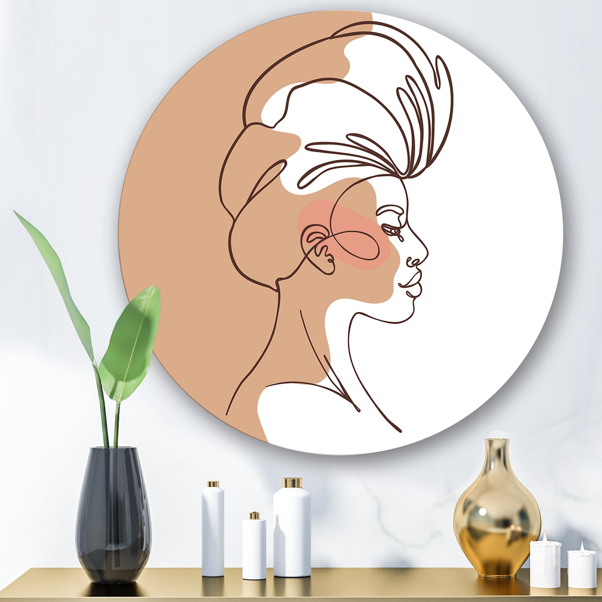 Designart 'One Line Portrait of Afro American Woman II' Modern Circle Metal Wall Art 11x11 - Disc of 11