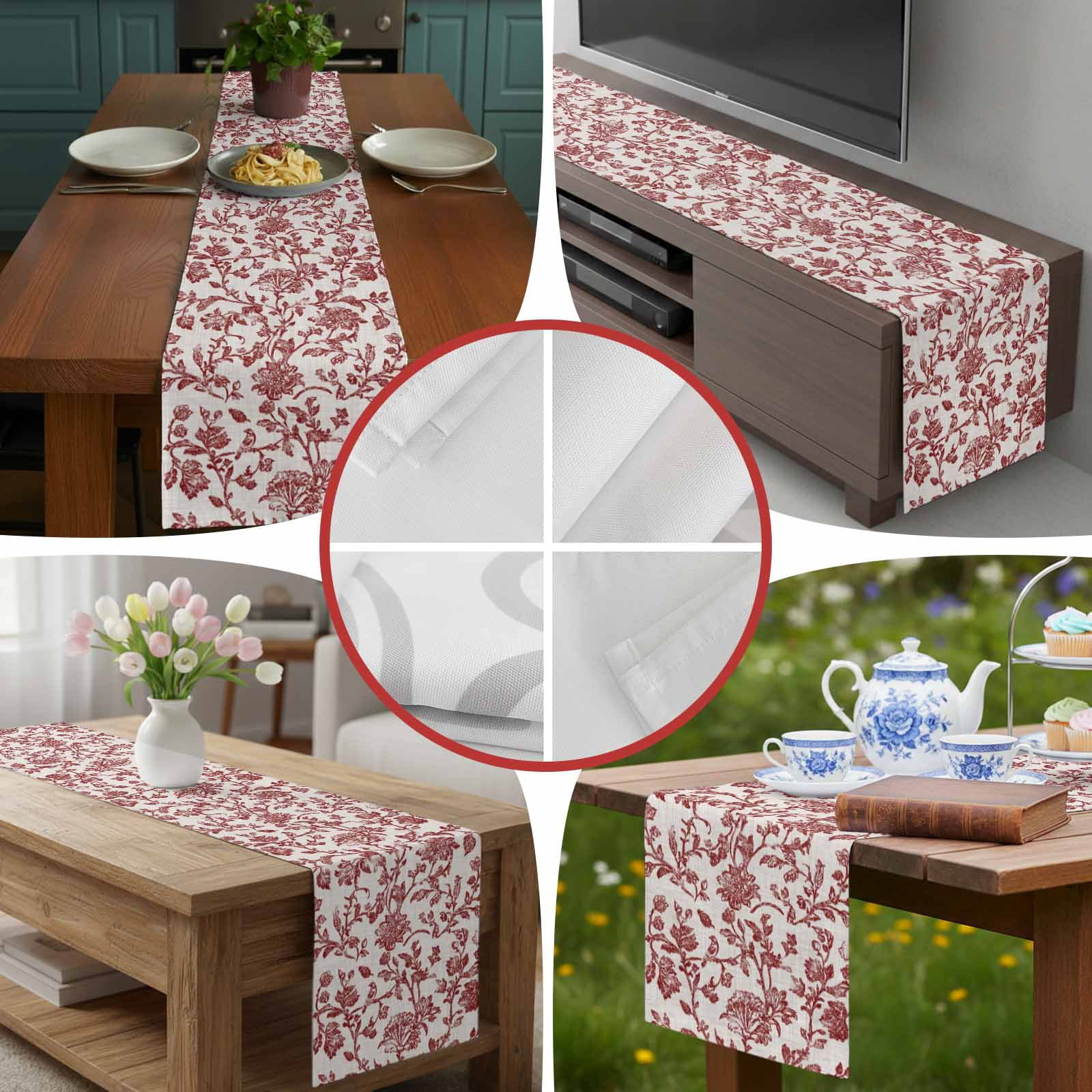 Farmhouse Red Table Runner 70 Inches Long,Vintage Flower Leaf Botanical Plant Cotton Linen Table Runners Dresser Scarves,Decorative Fabric Tabletop Scarf Furniture Cover for Home Dinner Party 13"x70"