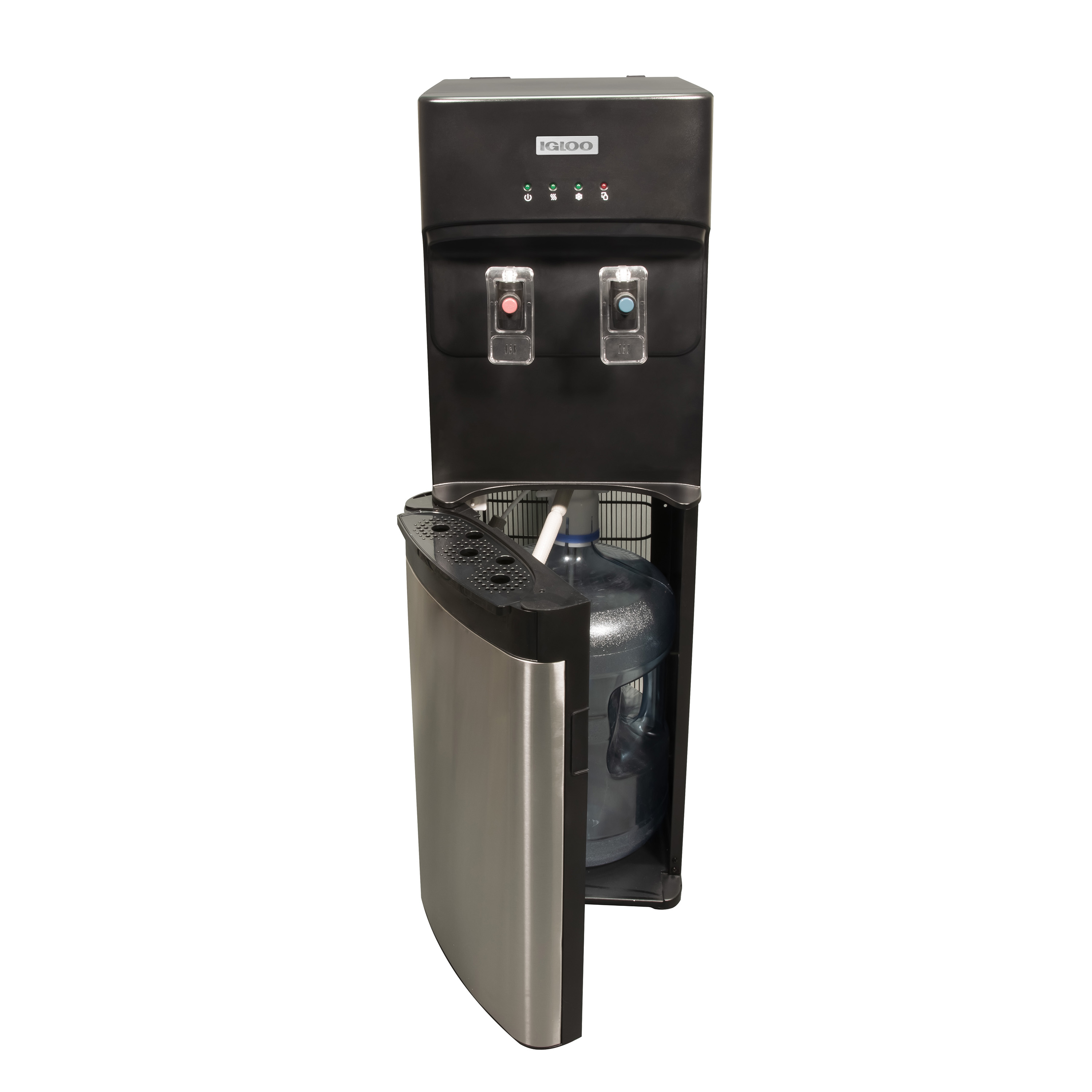 Igloo Stainless Steel Hot, Cold & Room Water Cooler Dispenser, Holds 3 & 5 Gallon Bottles, 3 Temperature Spouts, No Lift Bottom Loading, Child Safety Lock, Black/Stainless