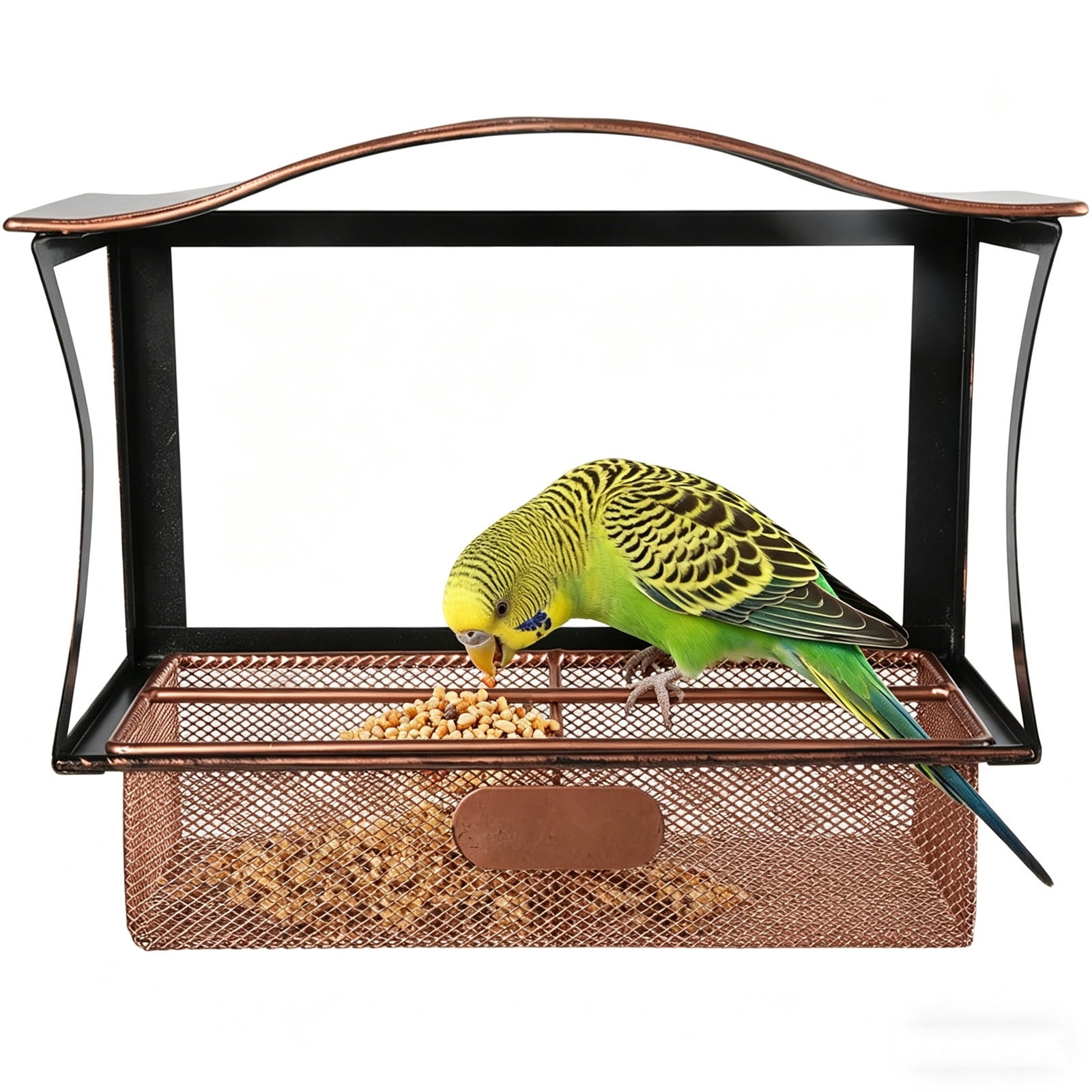 Window Metal Bird Feeder, Suction Cup Outdoor Feeding Tray, Rust Proof Iron Bird House with Ladder for Garden Yard Patio, 8.85x7.00in