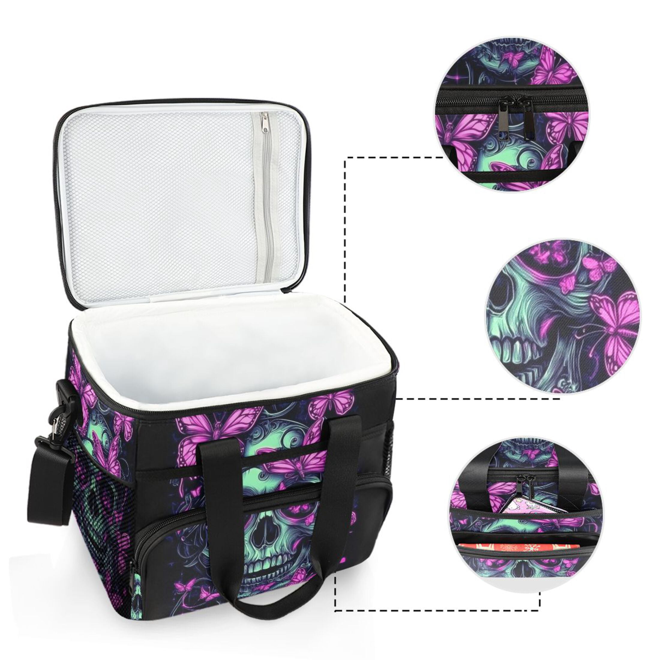 Purple Skull Butterfly Insulated Lunch Bag 15L Cooler Box for Women Men Work Camping Beach Travel