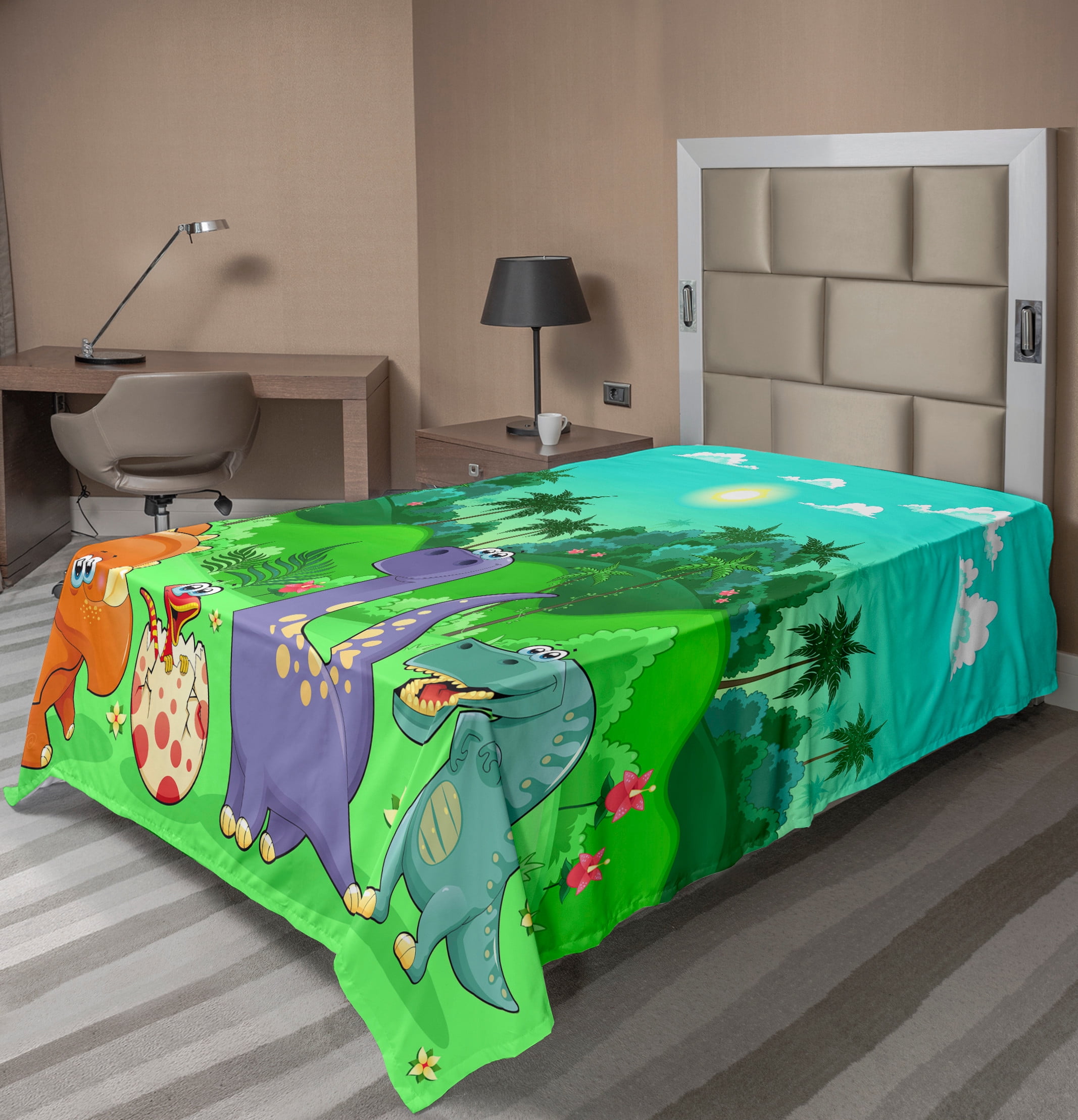 Nursery Flat Sheet, Funny Dinosaurs and Tropical Rainforest Cartoon