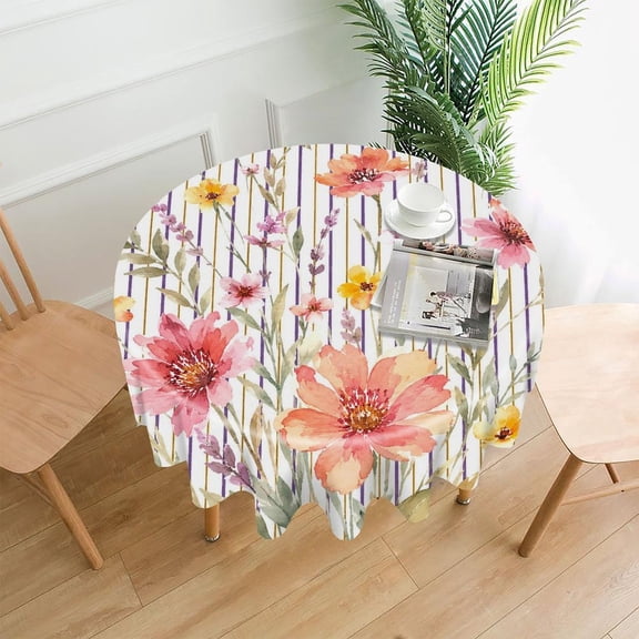 RKSupls 60 Inch Round Tablecloth, Wildflower Striped Watercolor Premium Polyester Straight Edge Wrinkle Resistant Washable Table Cover for Party Home Dining Decor