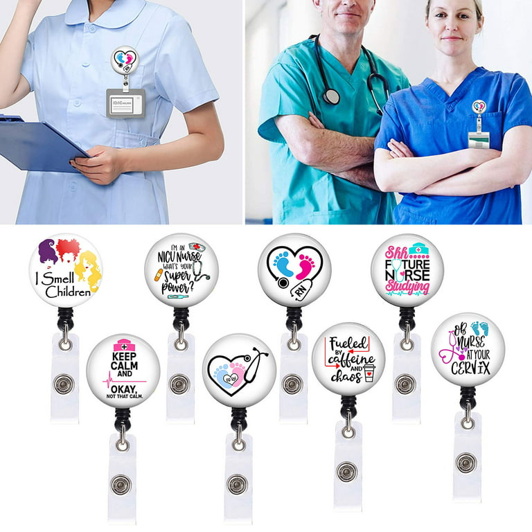 harmtty ID Name Card Clip 360 Degree Rotation Retractable Cartoon Design  Doctors Nurses Work Card Holder Badge Reel Clip Office Supplies,E 
