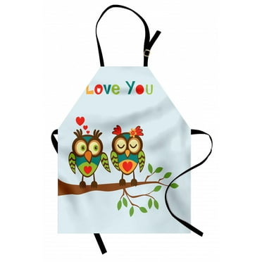Romantic Apron Colorful Abstract Owls on a Branch with a Quote Expressing Affection and Adoration, Unisex Kitchen Bib Apron with Adjustable Neck for Cooking Baking Gardening, Multicolor, by Ambesonne