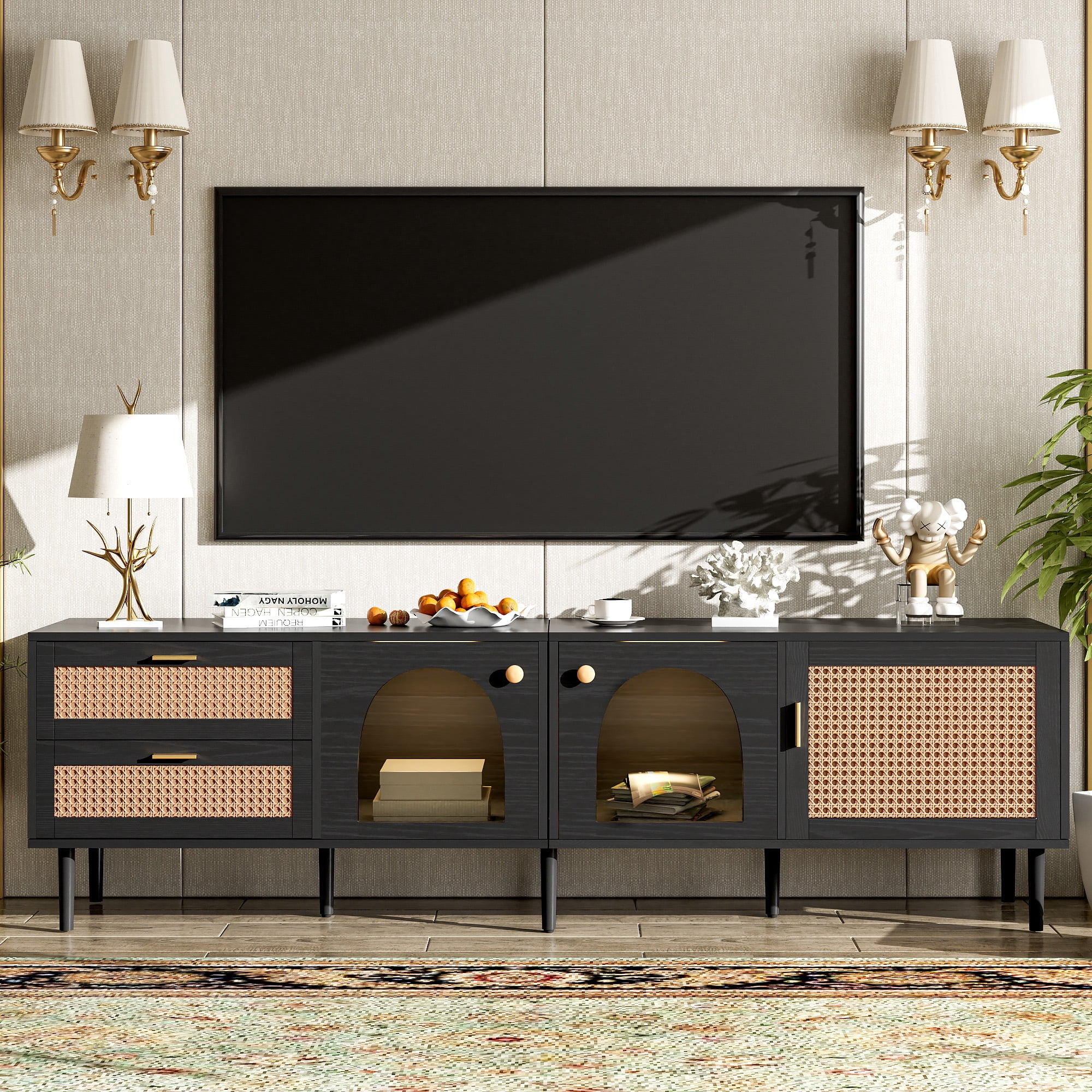 Euroco Rattan TV Stand for TVs up to 80", 70.8" Media Console with Drawers and Cabinets, Boho Entertainment Center with Storage, Sturdy Wooden TV Cabinet for Living Room, Natural Finish