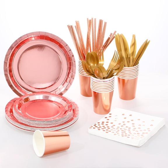ERDOUY 24-Set Rose Gold Elegant Laser Disposable Plastic Flatware & Dishware Set, All-in-One Party Supplies for Birthdays & Gatherings, Serves 24 Guests