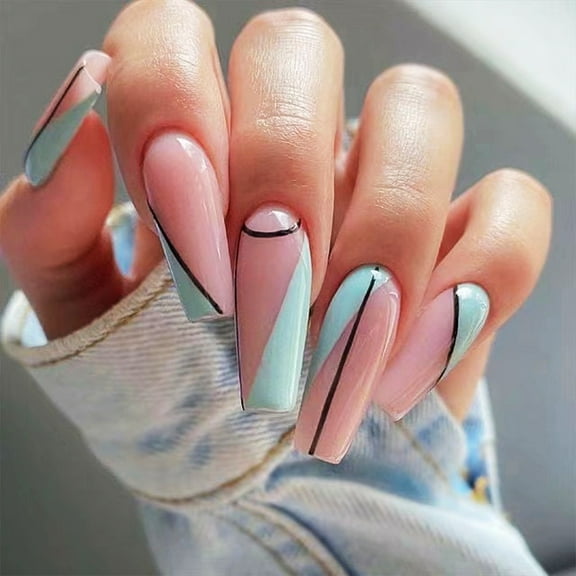 KXAMELIE Glossy Long Press On Nails White Coffin Graffiti Pink Fake Nails 24 PCS