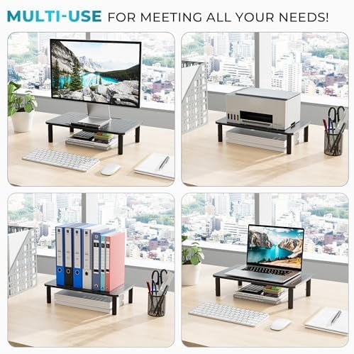 Monitor Stand 2 Pack Height Adjustable Metal Riser with Pen Holder, Black, 14.5” x 9.1”, Ergonomic Desktop Stand for Computer, Printer, Laptop, Adjustable Desk Riser with Cable Management