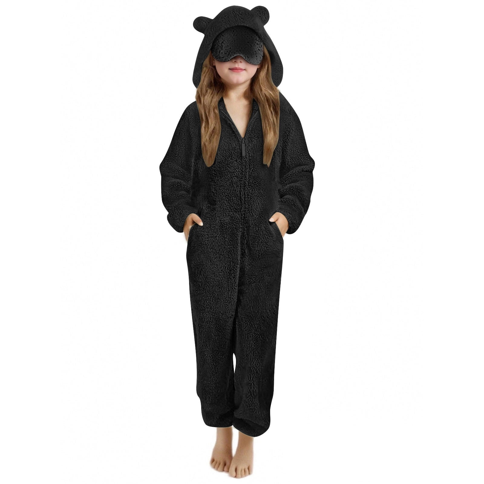 nerohusy Girls Fleece Zip Up Jumpsuits with Eye Mask Built In Kids Cat Ears Hooded Rompers Cozy Fuzzy Cute Animal Onesie Winter Warm Zipper Playsuit Black,15 Years