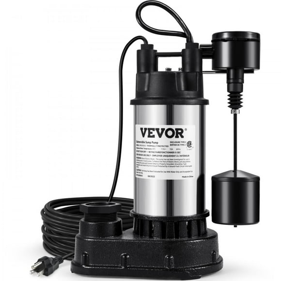 Sump Pump, 1.5 HP 6000 GPH, Submersible Cast Iron and Stainless Steel Water Pump, 1-1/2" Discharge With 1-1/4" Adaptor, Automatic Vertical Float Switch, for Indoor Basement Water Basin