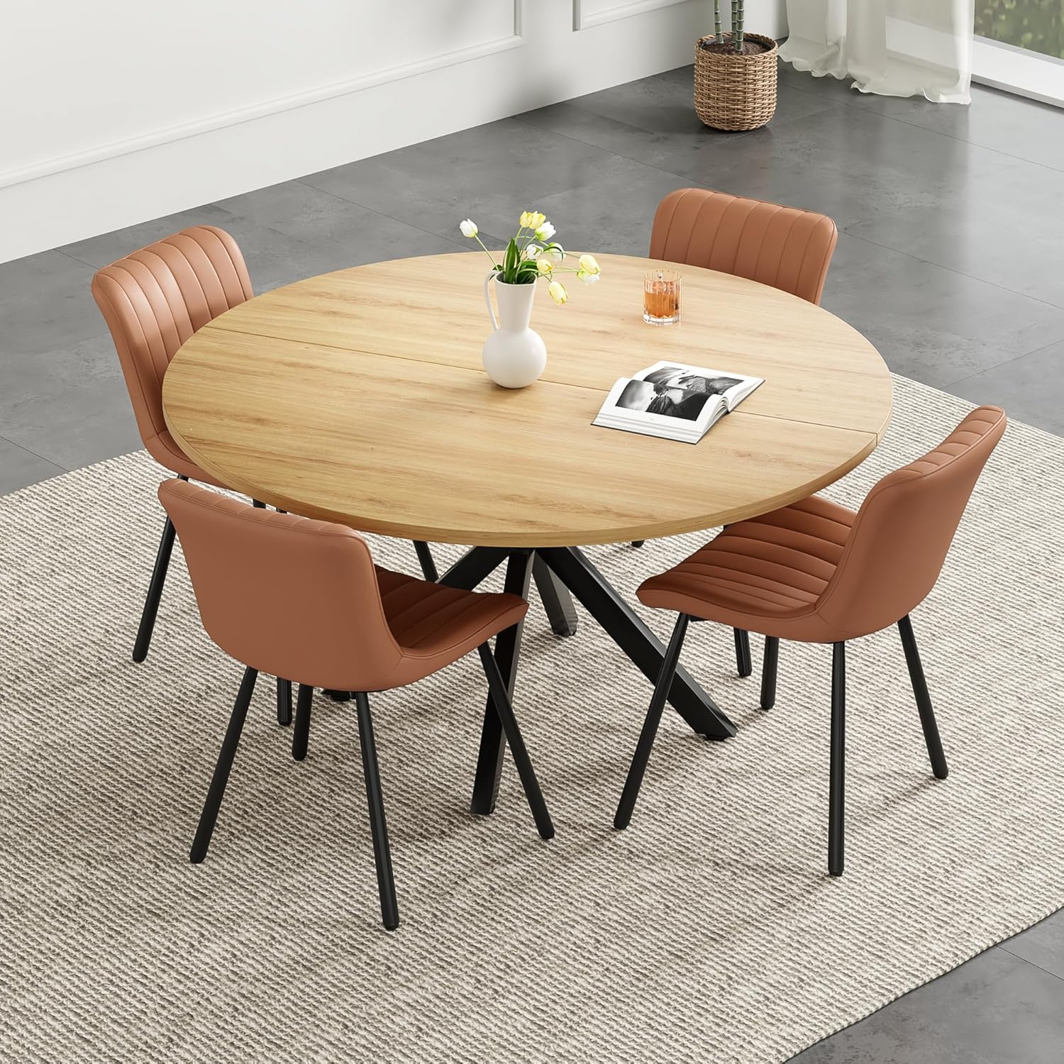 Farini 47" Round Dining Table, Mid-Century Modern Wood Table with Metal Base, Seats 4-6, for Kitchen or Dining Room, Nature