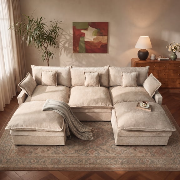 Modular Sectional Sofa, 108" 5-Seat U-Shaped Fabric Cloud Couch with Movable Ottoman and Pillows, Camel for Living Room or Apartment