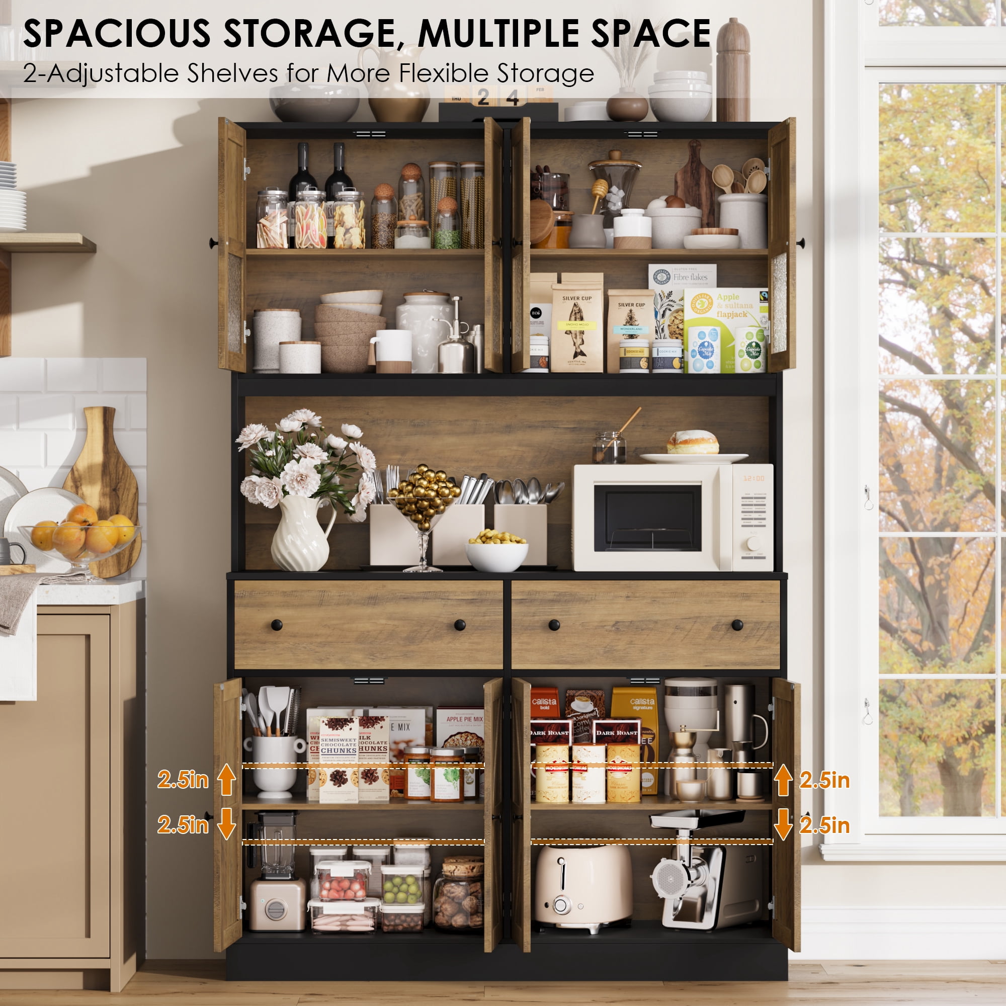 Homfa 71" Tall Kitchen Pantry Cabinet with LED Lights & Charging Station, MDF Freestanding Storage Cupboard with 8 Doors 2 Drawers, Buffet Cabinet with Storage for Dining Living Room, Black & Oak