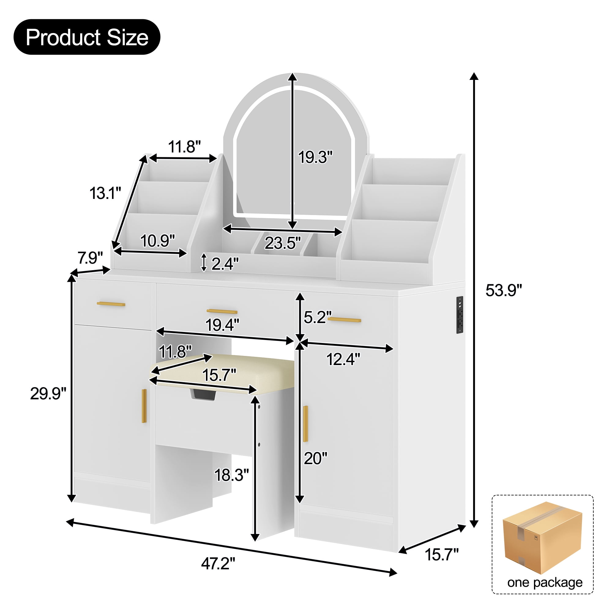 Yoneston 47.2" Vanity Set with Arched LED Mirror, High Capacity Vanity Desk with 2 Cabinet and 3 Drawers & Hidden Storage Stool, White