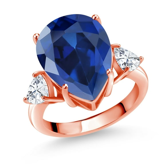 Gem Stone King 18K Rose Gold Plated Silver 3-Stone Ring Pear Shape Blue Created Sapphire and Moissanite (11.14 Cttw, Size 5)