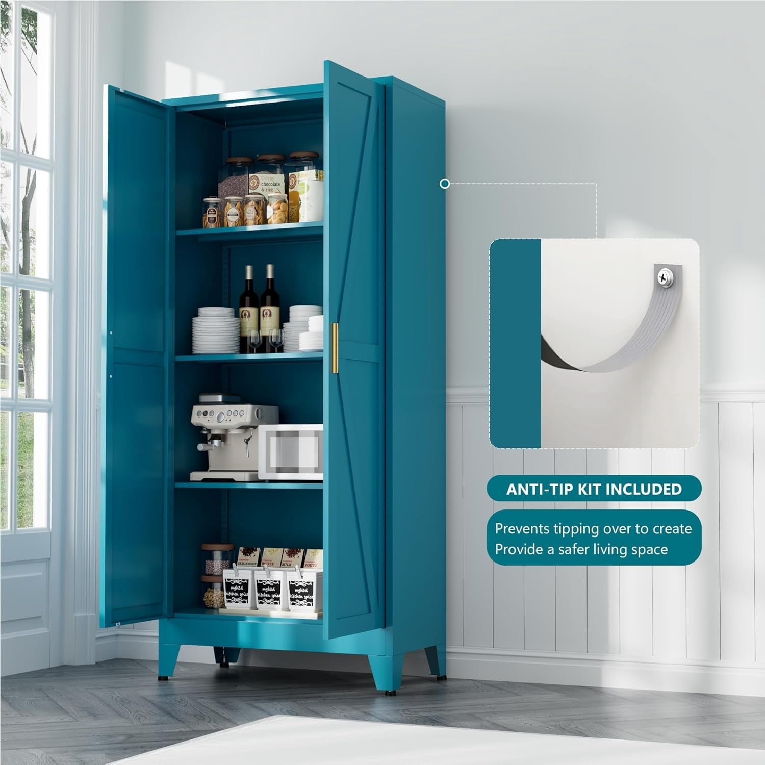 WDZS Large Metal Kitchen Pantry Cabinet with Adjustable Shelves - Freestanding Kitchen Storage Cabinet for Dining Room,Livingroom Bathroom, Hallway, Workshop, Office,Blue