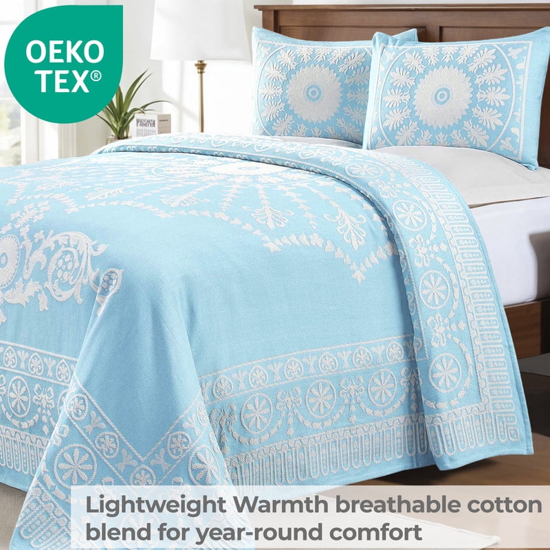 Superior Cotton Blend Woven Jacquard Vintage Medallion Bedspread Set 3-Pieces, King, Aqua
