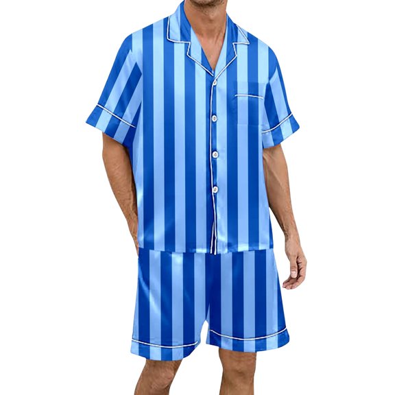 Yuanlong Mens Pajamas Sets Button Down Short Sleeve Shorts Pajama Outfits With Pockets Everyday Home Comfortable Male Striped Sleepwear