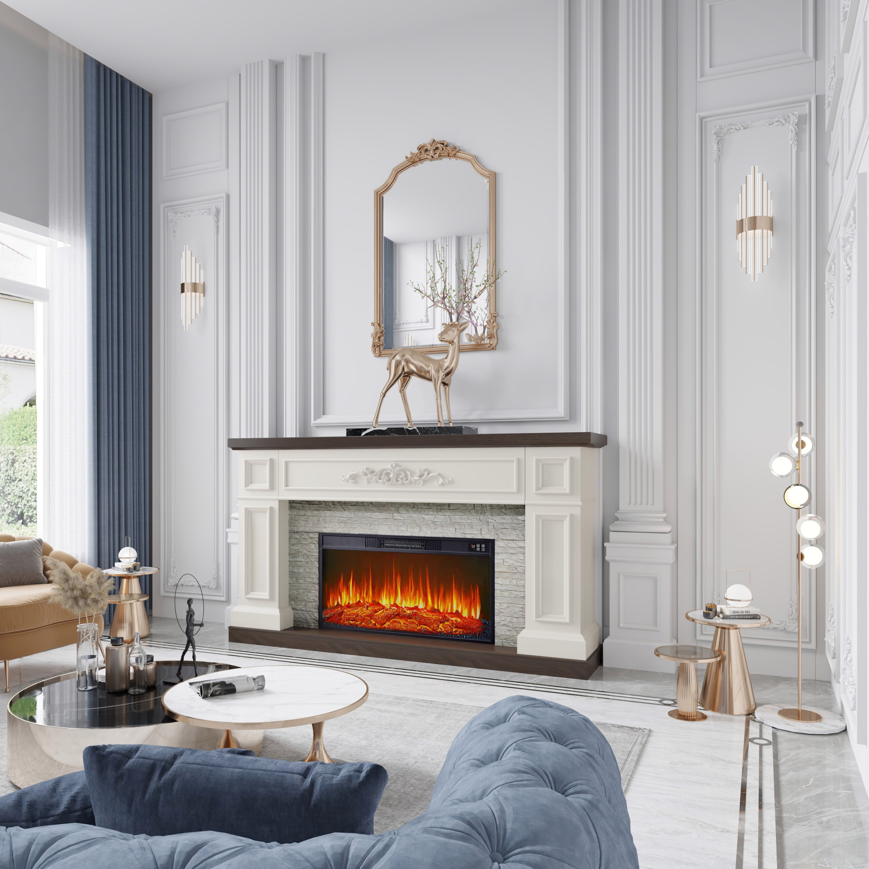 BOSHIRO Electric Fireplace with Mantel, 60 Inch Solid Wood Fireplace TV Stand for Living Room Bedroom