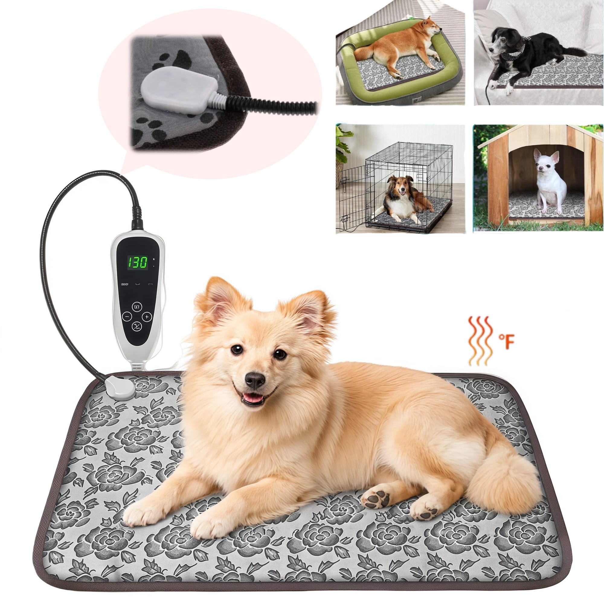 Pet Heating Pad, Electric Pet Warming Mat with Smart Controller, 1‑24H Timer, Adjustable 70‑130℉, Built‑In Thermostat, Wire Protection Tube, Rose
