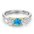 thumbnail image 3 of Gem Stone King 10K Two Tone Gold Simulated Blue Opal and White Moissanite Engagement Ring for Women | 1.50 Cttw | Round Cabochon 5MM | Gemstone October Birthstone | Size 5, 3 of 7