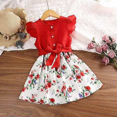 

Godderr Toddler Girl Summer Dress Floral Flutter Lace Sleeve Dresses Printed Dress 1 Piece Set for 4T-7T