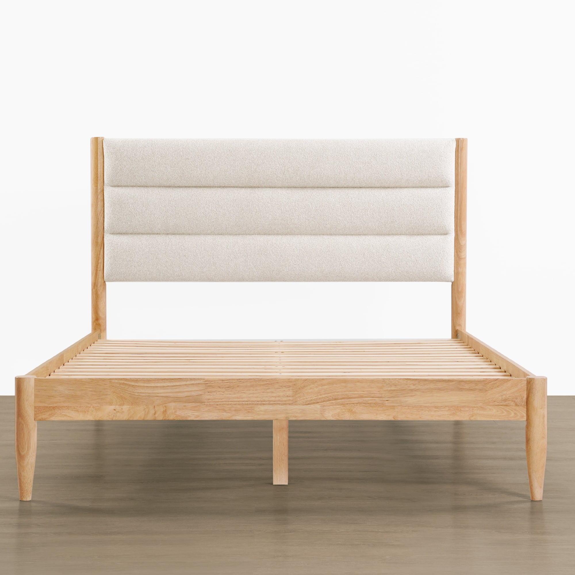Spruce & Spring Farmhouse Upholstered Platform Bed Frame with Solid Wood Legs, Boucle Fabric Headboard, Wood Slat Support, King, Natural & Oat
