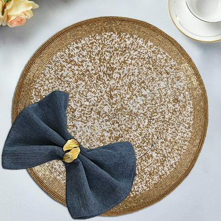 

Beaded Placemats Round Set of 16 for Dining Coffee Table Scratch Heat Stain Resistant Anti Skid Charger Kitchen Decor Durable Tablemats - Gathering Party Occasions - 14 Inches - Gold White